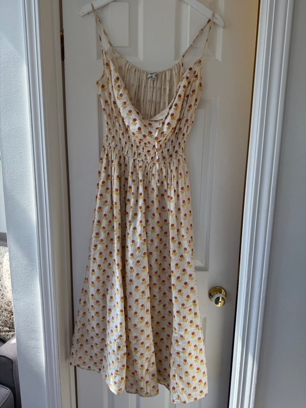 Floral Smocked Spaghetti-Strap Kids Dress - Cream with Yellow & Red Flowers